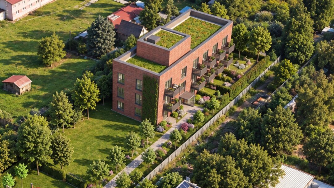 Vizualizácia projektu Komunita Malý Dunaj v Bratislave, budova so záhradou a okolím